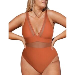 NWT Cupshe Women's Rust Orange Mesh Plunge V Neck One Piece Swimsuit Size 3XL